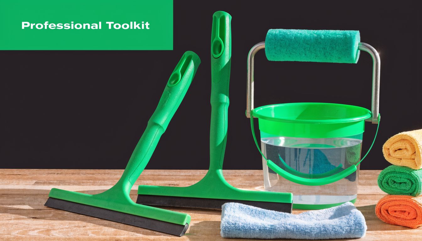 A professional window cleaning toolkit with green squeegees, a water bucket with a roller, and folded cloths.