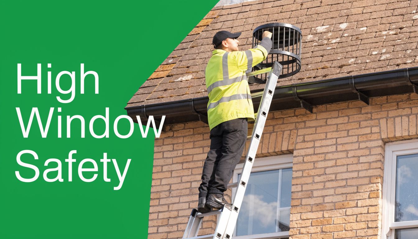 A professional maintenance worker in high-visibility gear installing a protective cage on a high residential window.