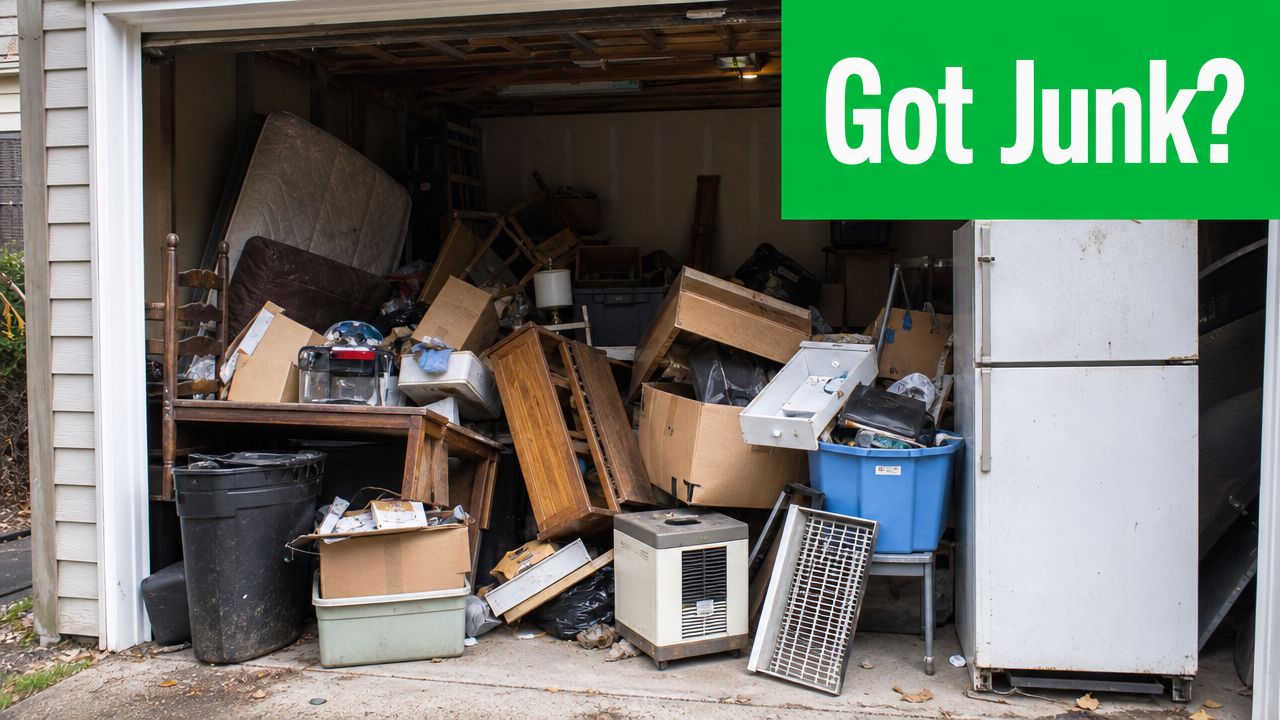 A cluttered garage filled with old household items, cardboard boxes, furniture, and appliances waiting to be removed.