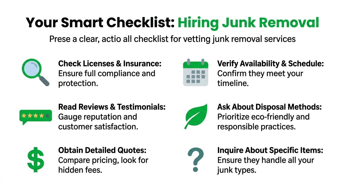 A smart checklist guide for hiring professional junk removal services including tips on vetting companies.