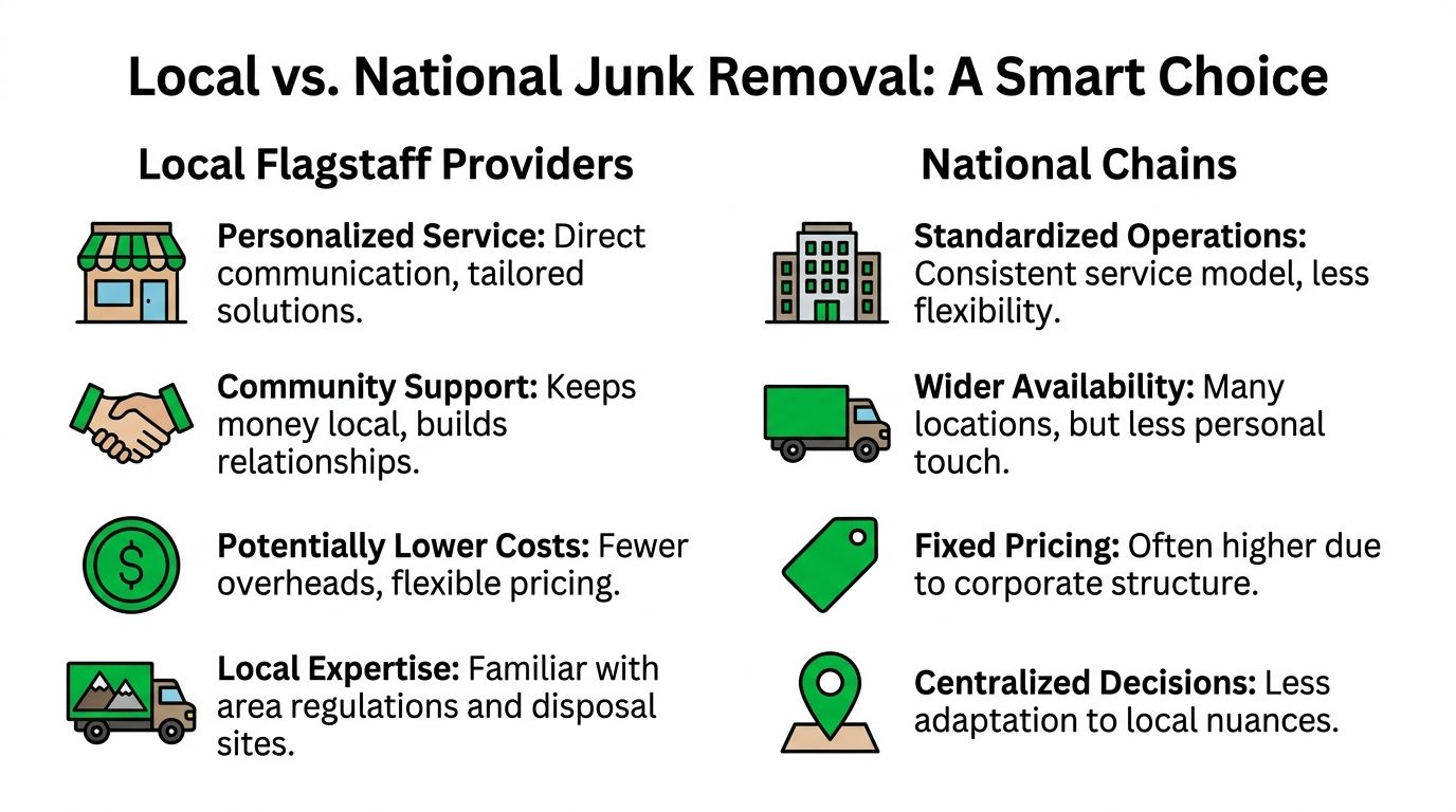 A comparison infographic between local Flagstaff junk removal providers and national chains outlining key service differences.