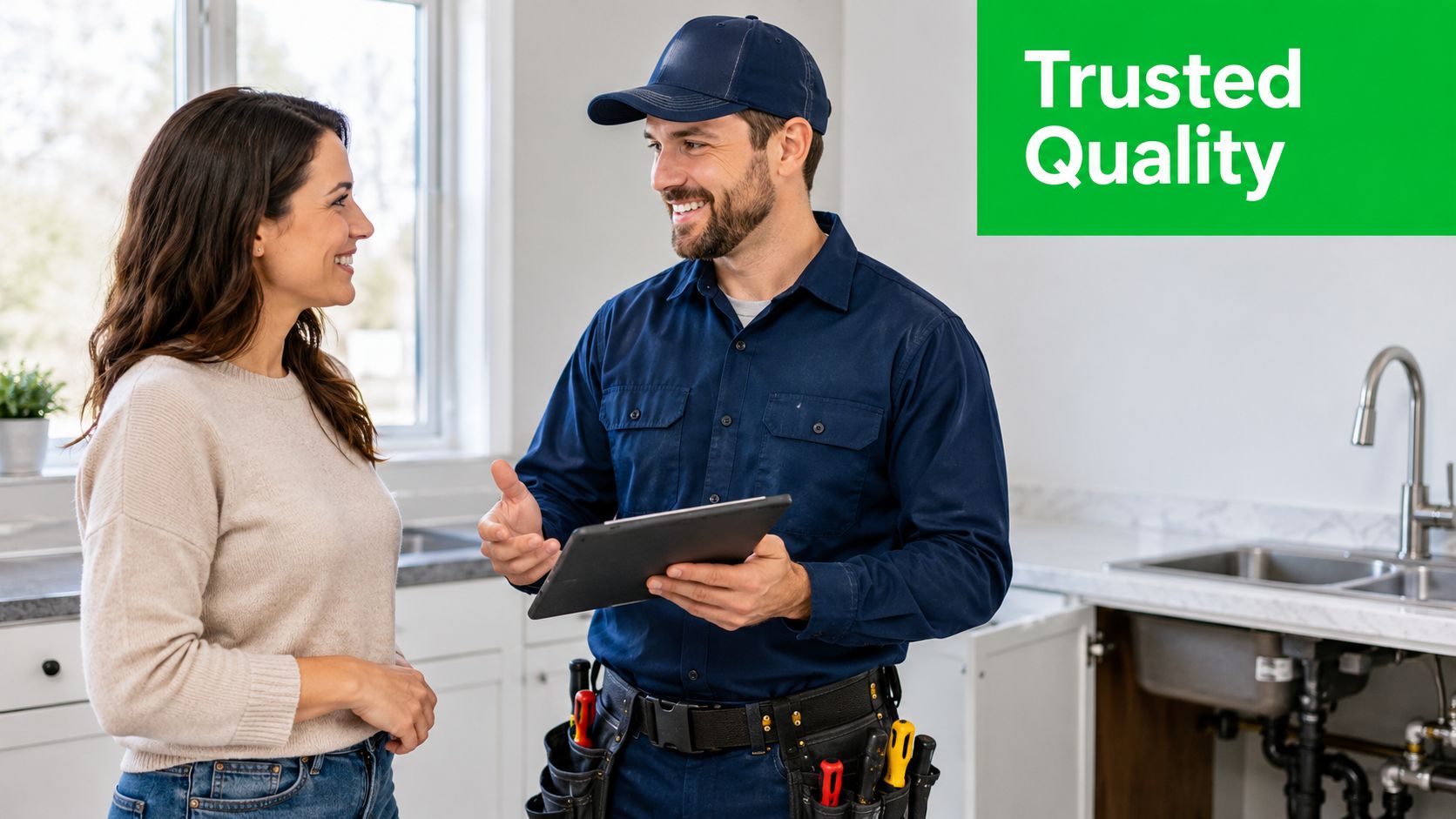 A professional technician discusses repair details with a smiling customer in a modern, bright residential kitchen.