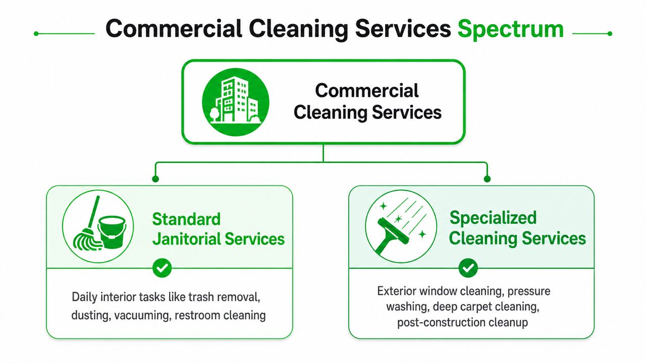 A diagram categorizing commercial cleaning services into standard janitorial tasks and specialized cleaning services for professional buildings.