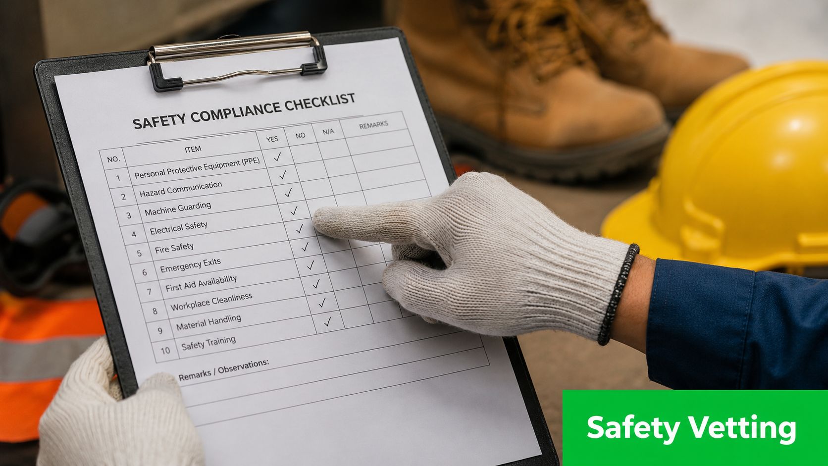 A gloved worker holding a clipboard and checking off a safety compliance list in a workplace.