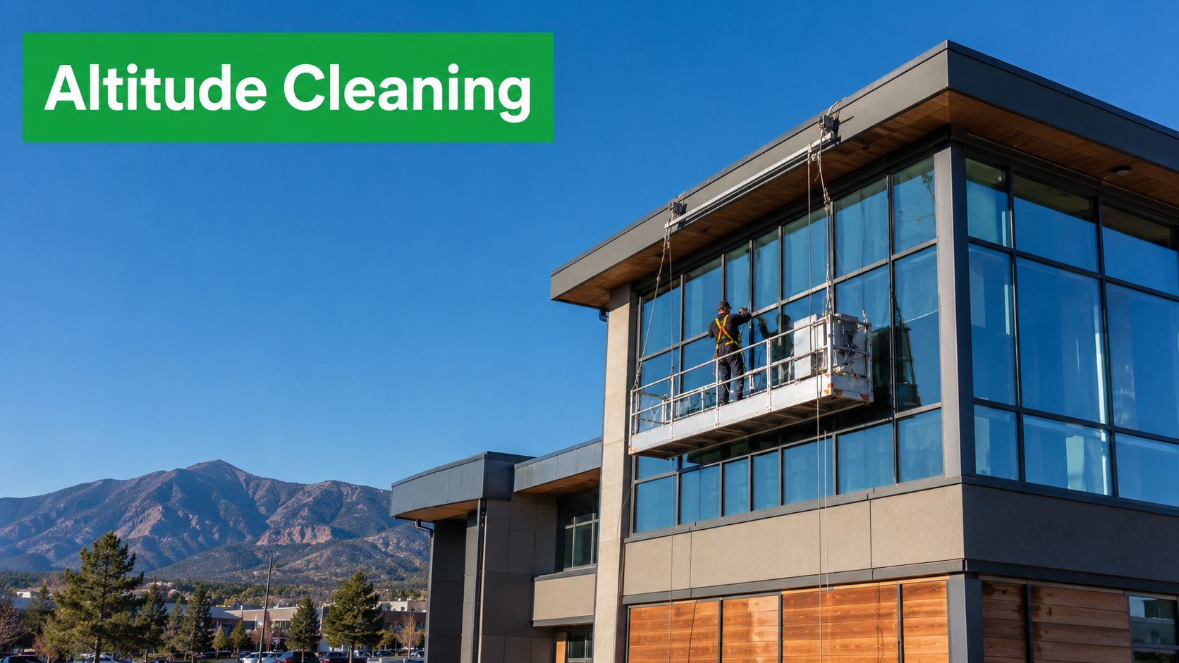 A professional window cleaner on a suspended platform cleaning the glass windows of a modern commercial building.