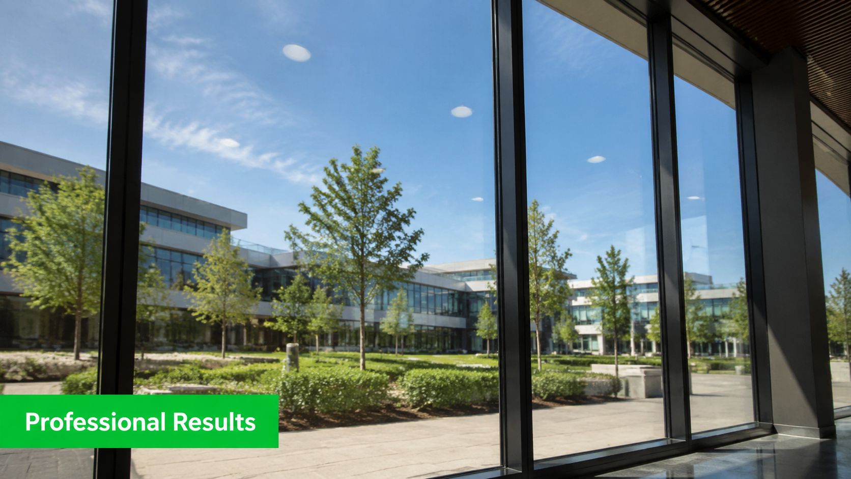 A view through clean office building glass windows looking out at a modern landscaped courtyard.