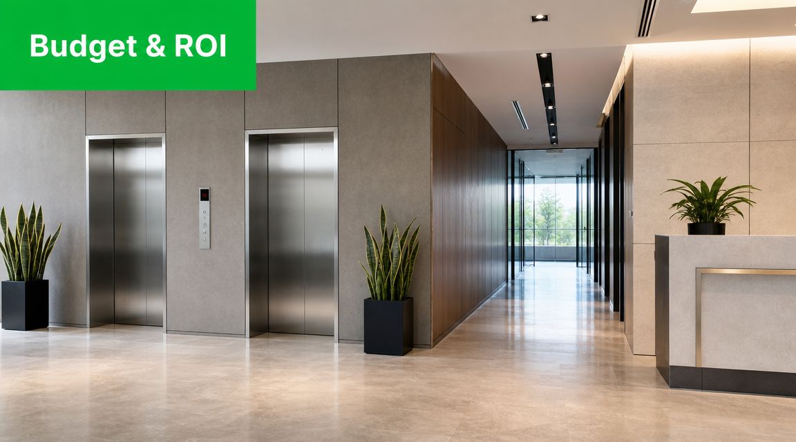 A sleek, modern corporate elevator lobby featuring polished floors, contemporary plants, and a neutral color palette.