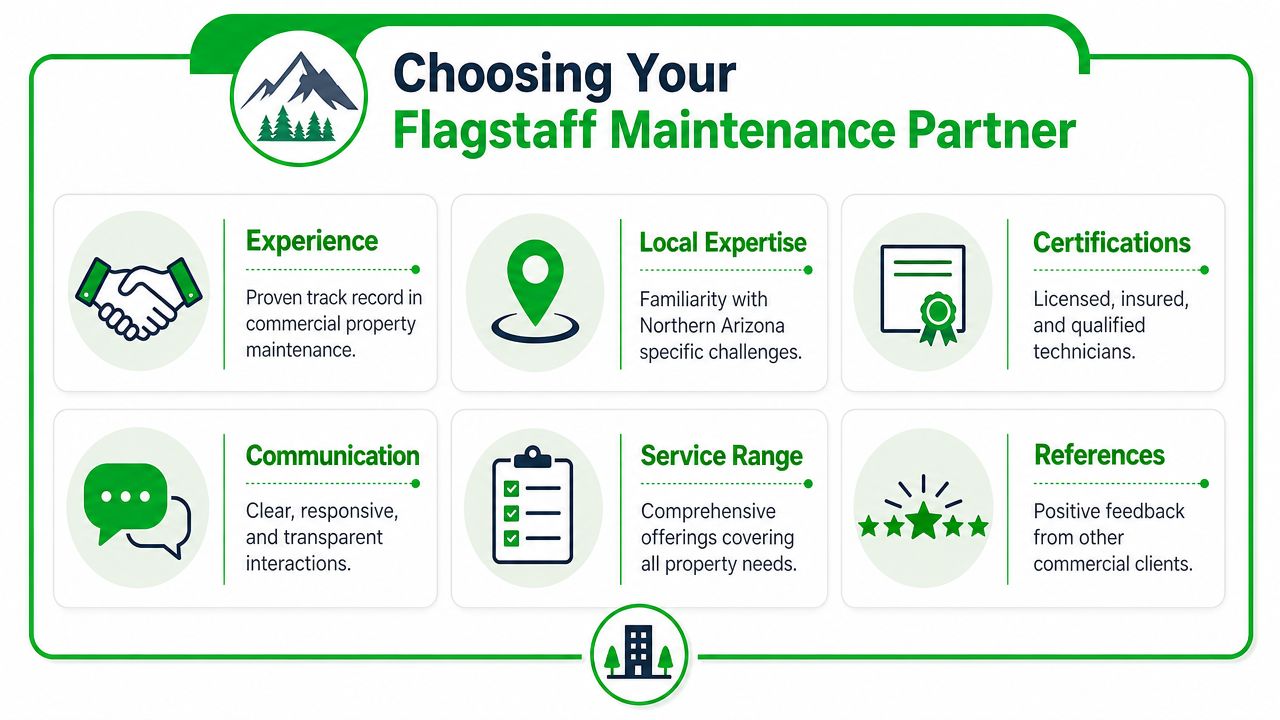 An infographic detailing essential criteria for choosing a commercial property maintenance partner in Flagstaff, Arizona.