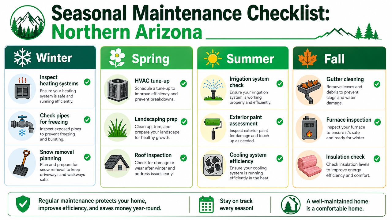A seasonal maintenance checklist for Northern Arizona homes featuring tips for winter, spring, summer, and fall.