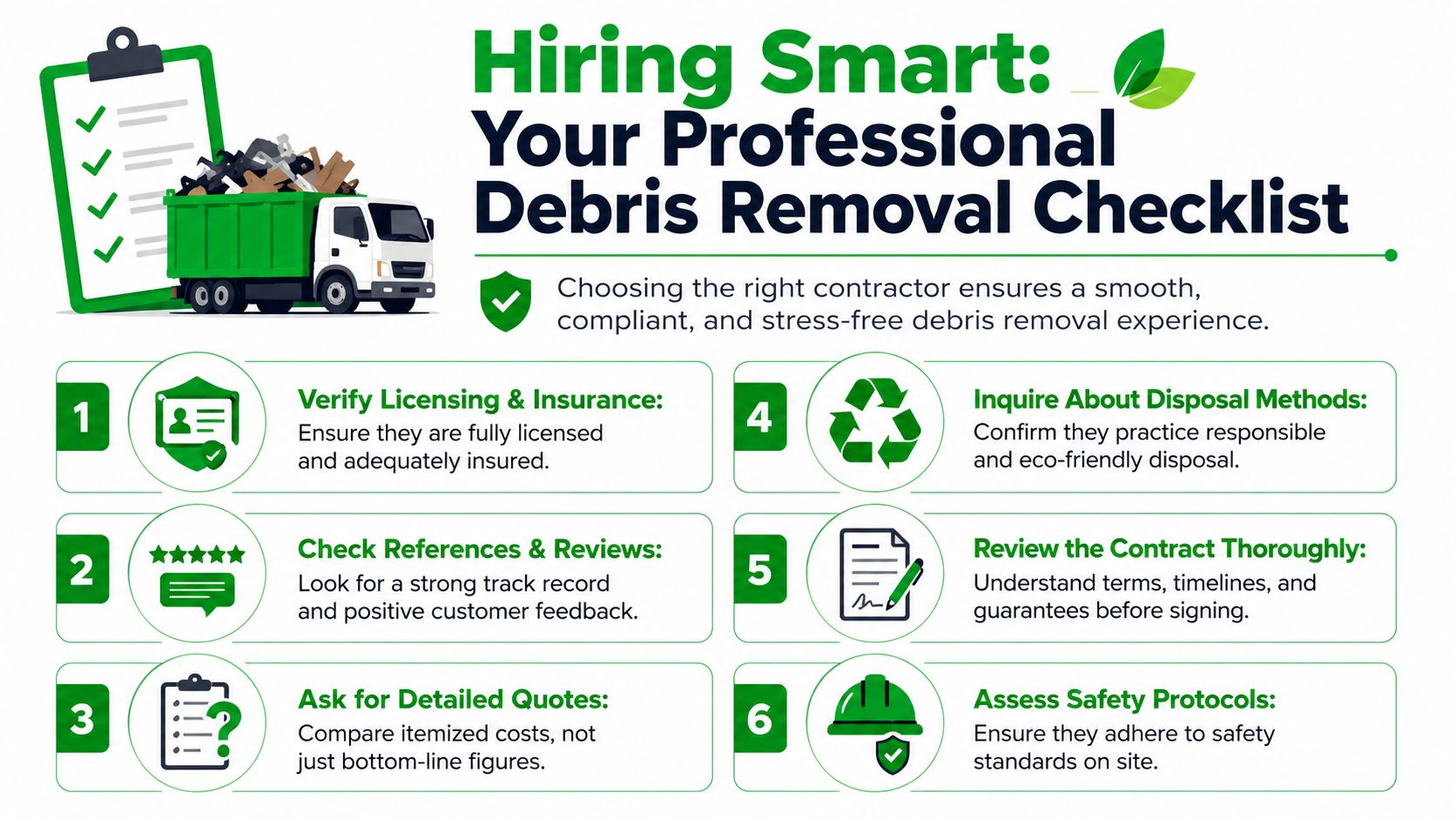 A professional infographic titled Hiring Smart presenting a six-step checklist for hiring a debris removal contractor.