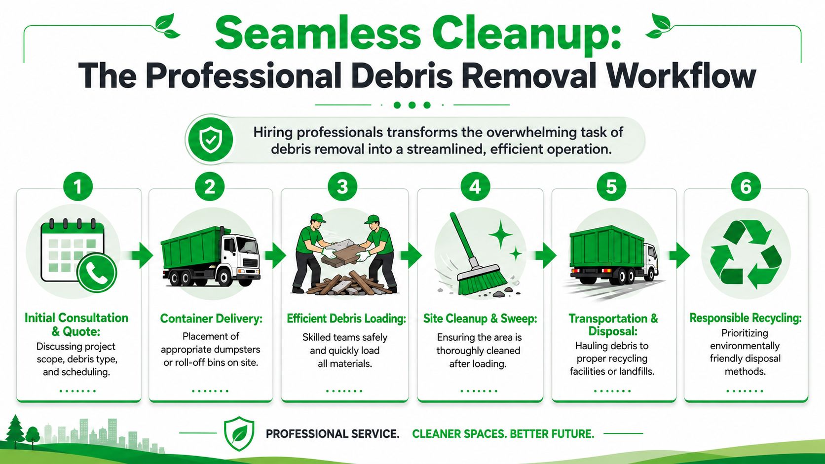 A six-step infographic illustrating a professional workflow for efficient and eco-friendly construction debris removal and disposal.
