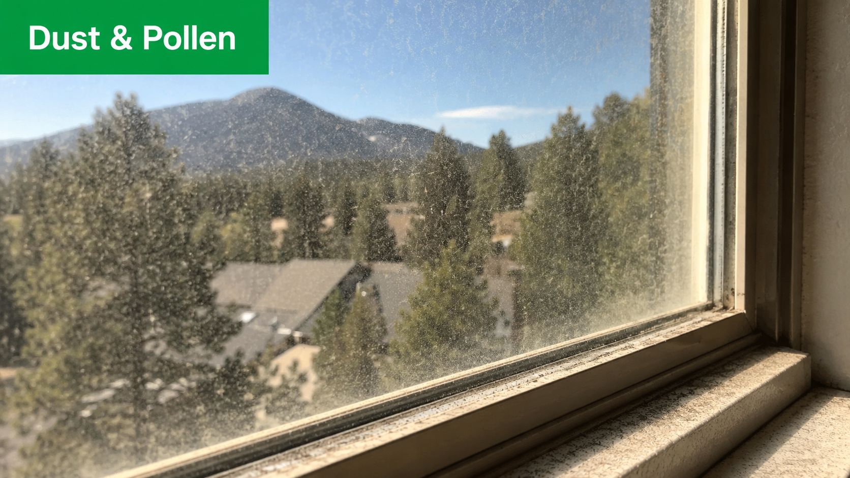 A dirty glass window pane covered in dust and pollen looking out over a mountain forest view.