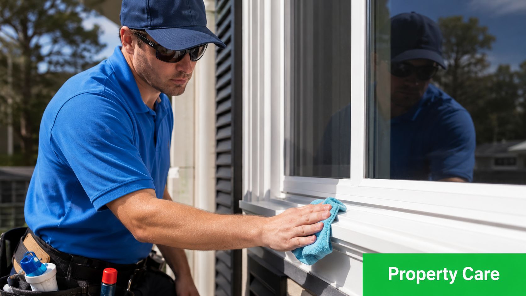 A professional cleaner in a blue uniform and cap wiping down a house window with a cloth.