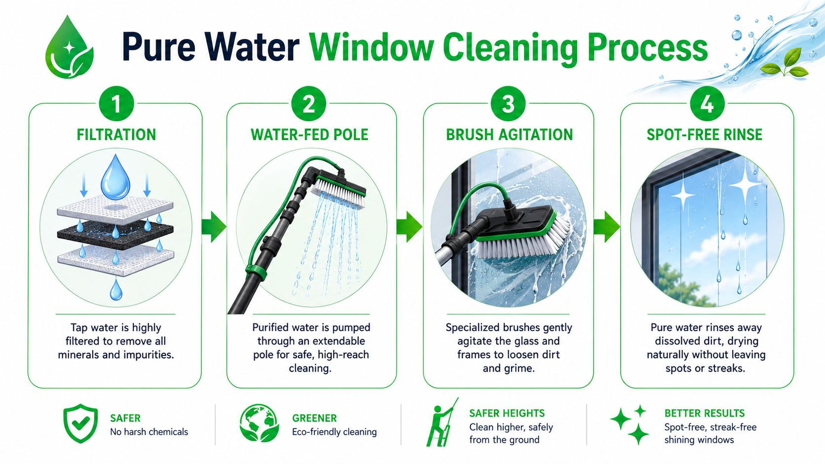 An infographic detailing the four-step pure water window cleaning process from filtration to spot-free rinsing.