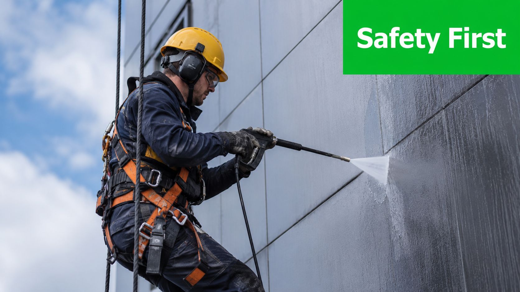 A professional industrial cleaner suspended by ropes, pressure washing the exterior panels of a tall building.