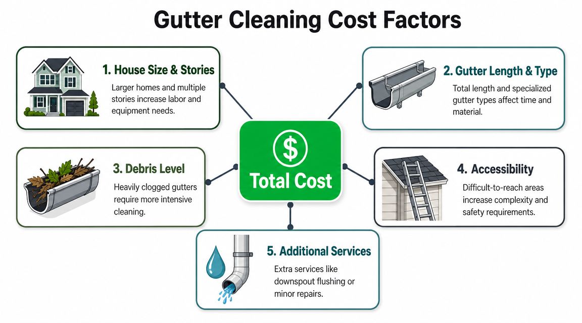 A infographic showing five primary factors that influence the total cost of professional gutter cleaning services.