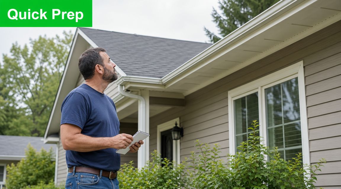 A home inspector holding a notepad looks up at the roofline and gutters of a house.