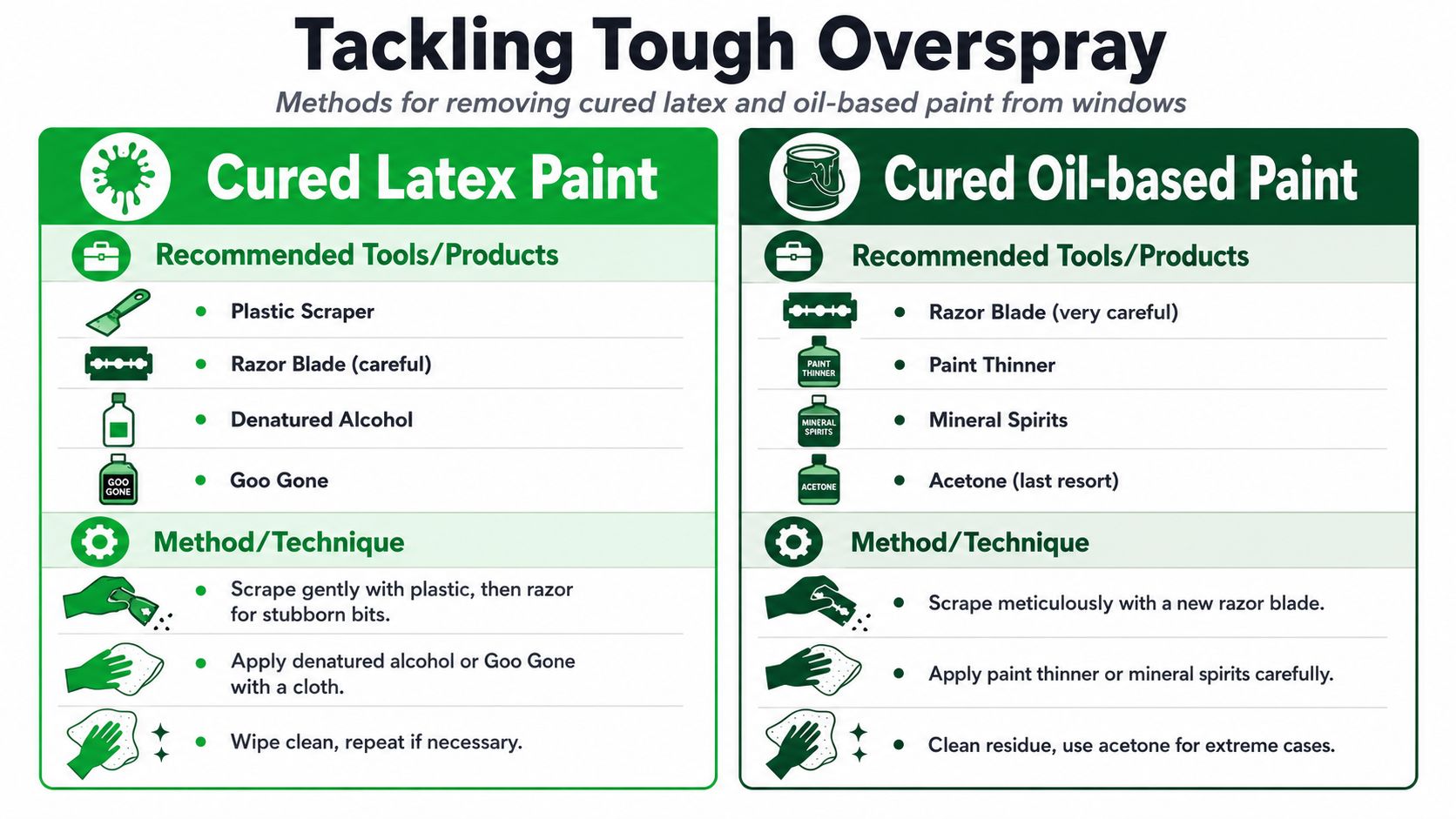 A helpful infographic showing methods for removing cured latex and oil-based paint from glass windows.