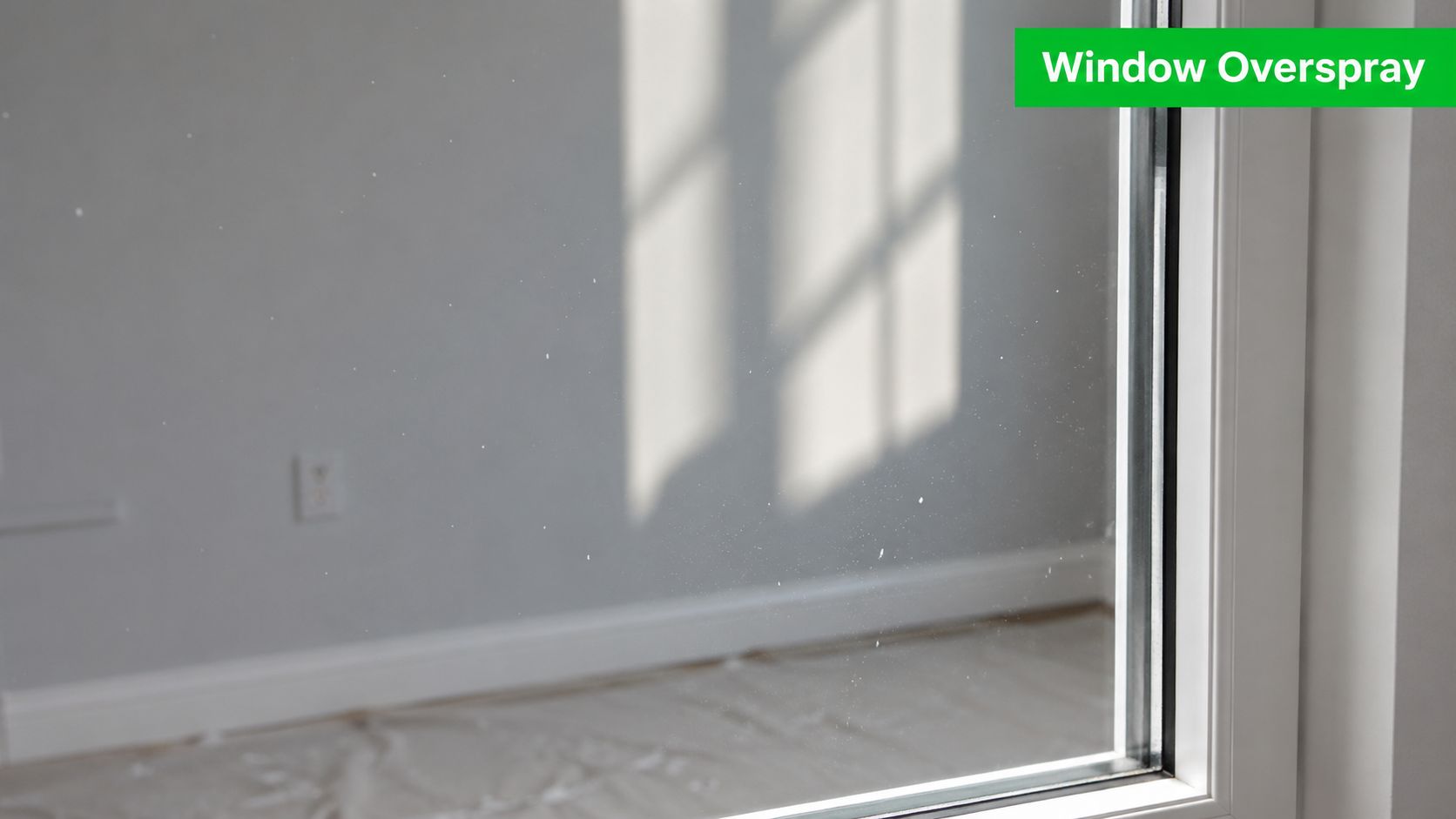 Tiny white paint droplets scattered across the surface of a glass window after interior room painting.