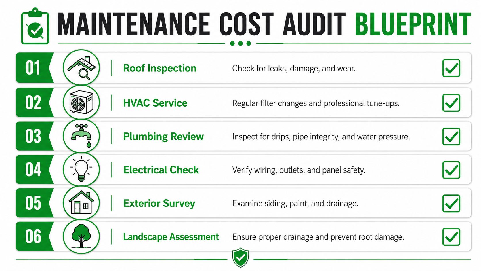 A six-step maintenance cost audit blueprint list with icons representing building systems and inspection tasks.