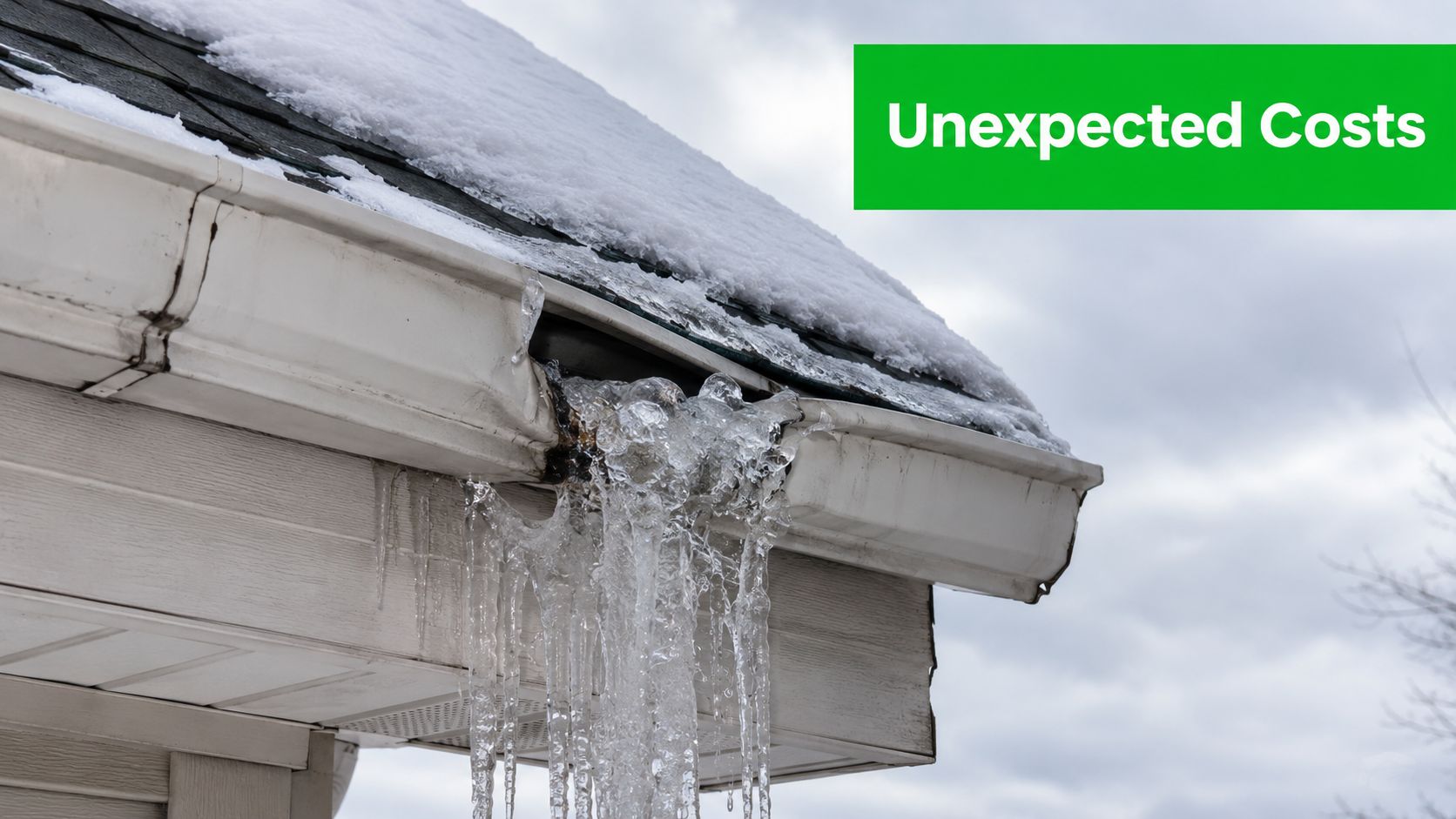 A close-up of a house roof gutter overflowing with heavy ice and icicles during winter.
