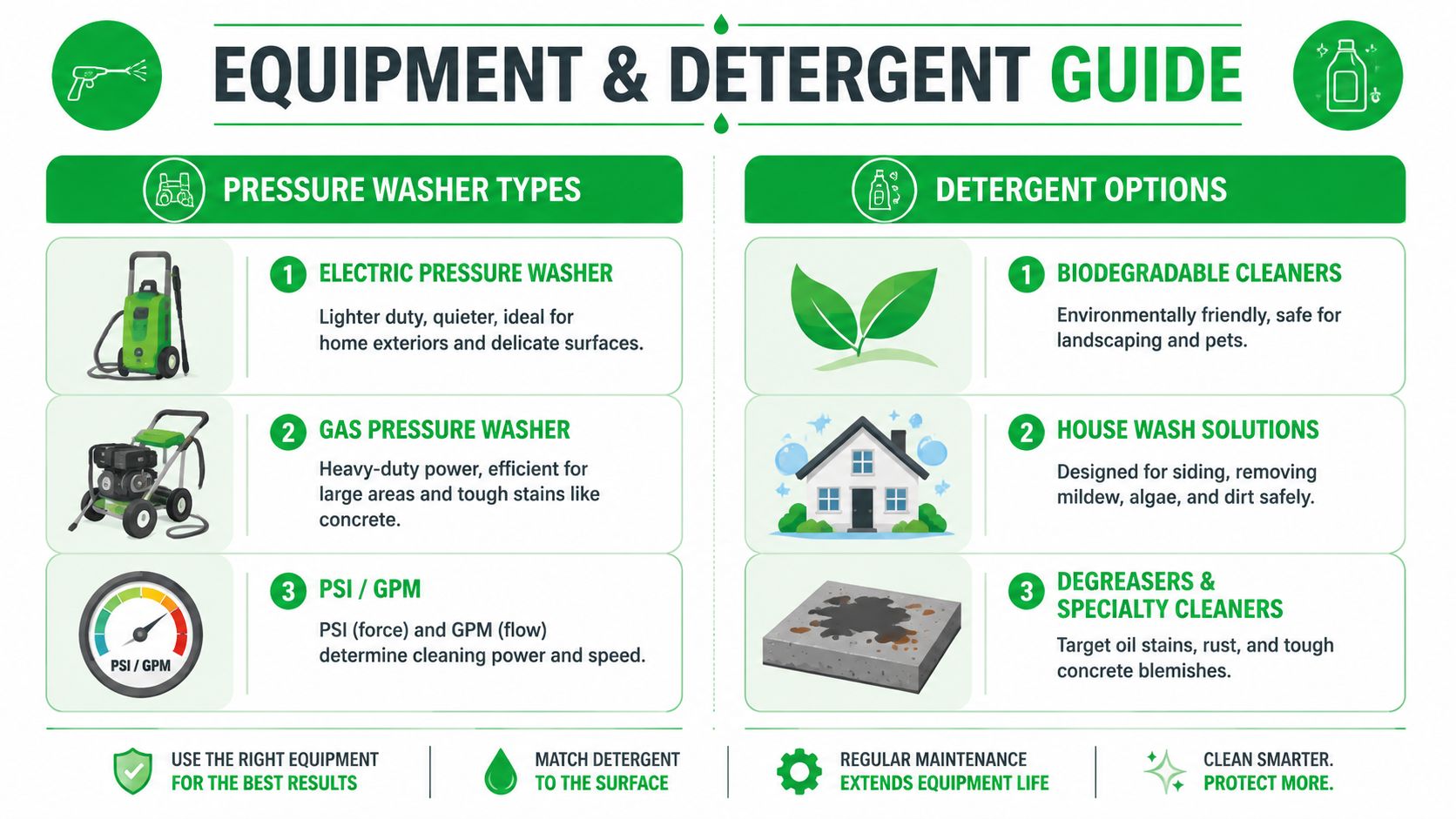 An infographic detailing pressure washer types, detergent options, and equipment considerations for efficient home cleaning projects.