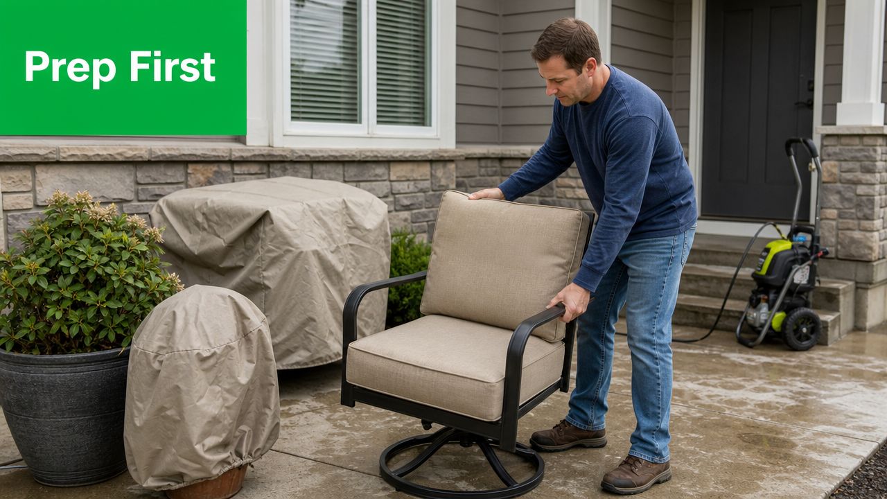 A man in casual clothing adjusting an outdoor chair on a patio before pressure washing his home.