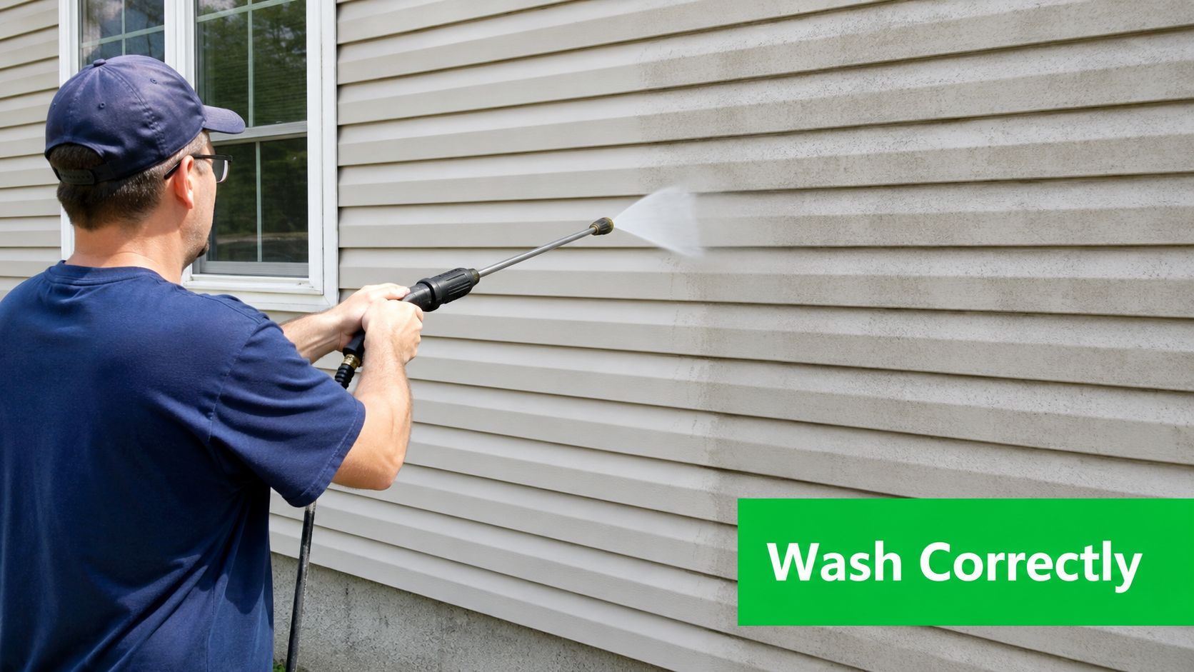 A professional worker using a pressure washer to clean siding on the exterior of a house.