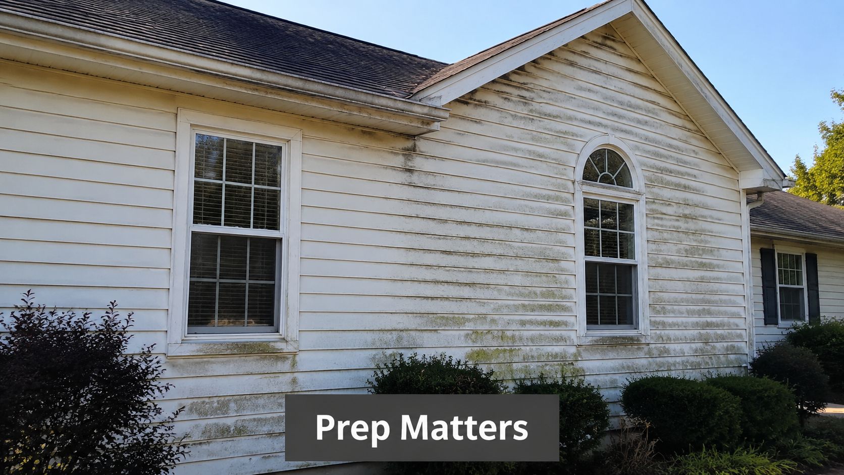 A dirty, stained vinyl-sided house exterior that requires pressure washing before being painted by professionals.