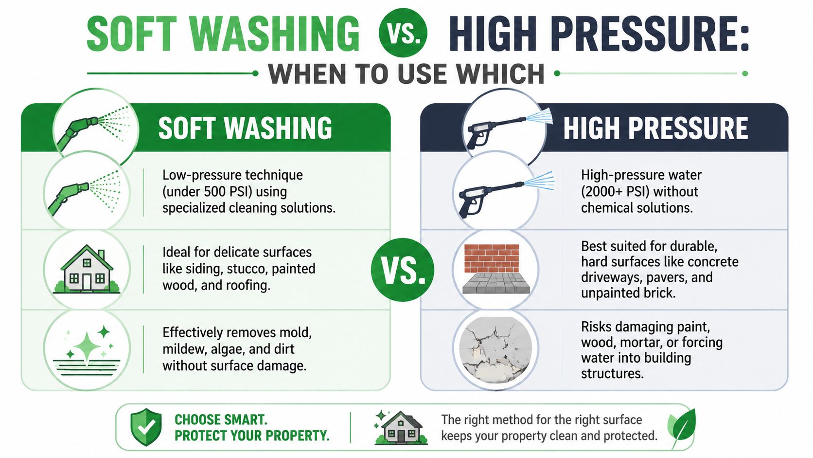 An infographic comparing soft washing and high pressure washing methods for cleaning various outdoor home surfaces.