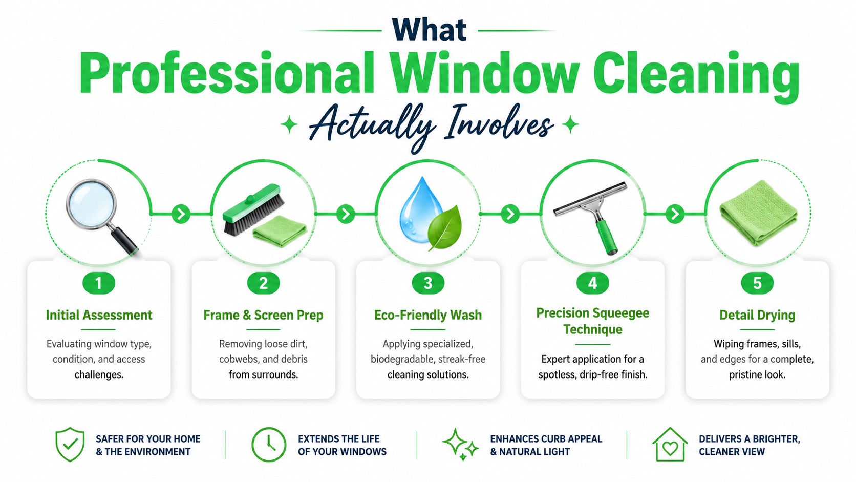 A five-step infographic detailing the professional window cleaning process from initial assessment to final detail drying.