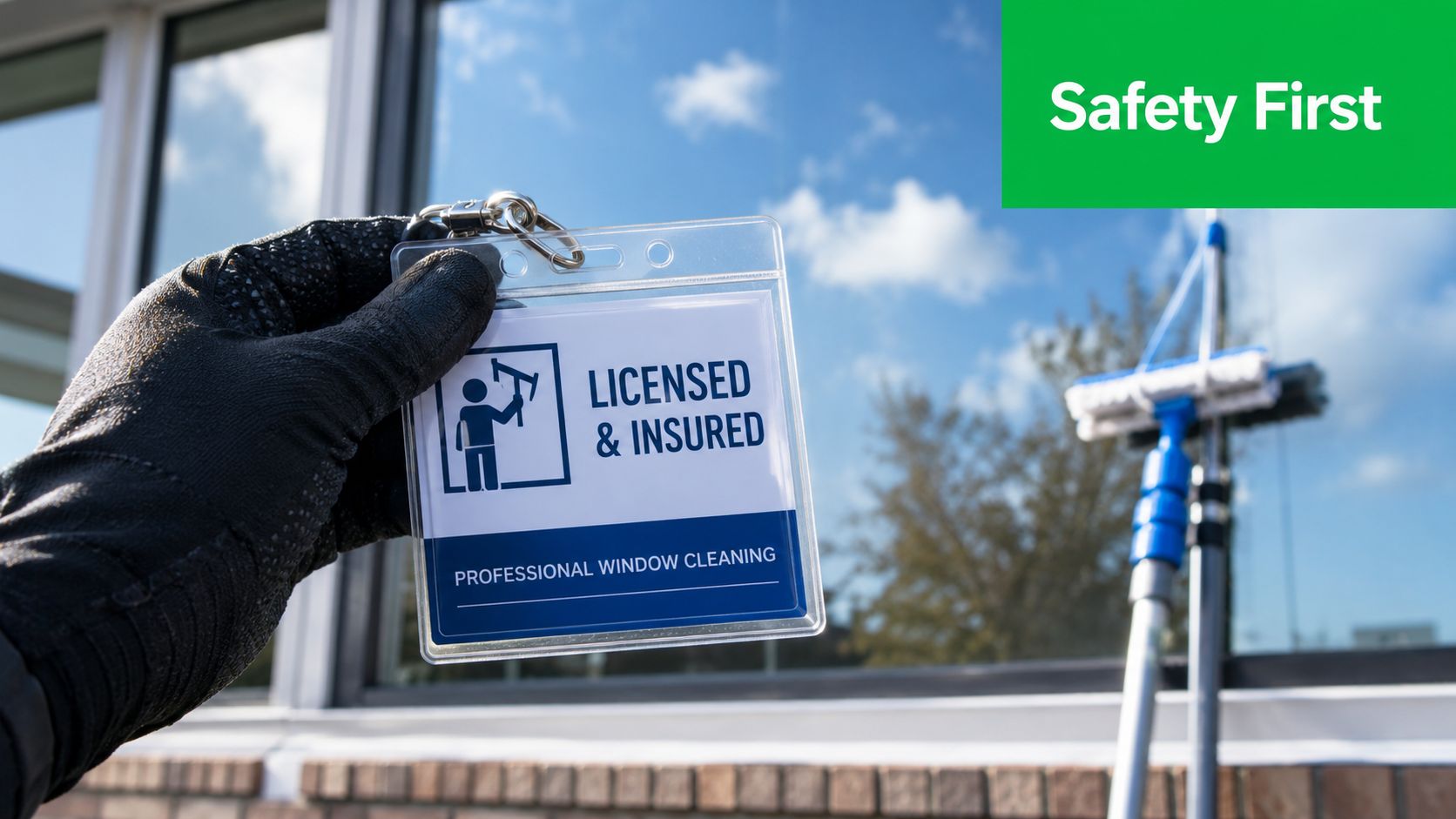 A gloved hand holds a professional window cleaning ID badge in front of a clean window.