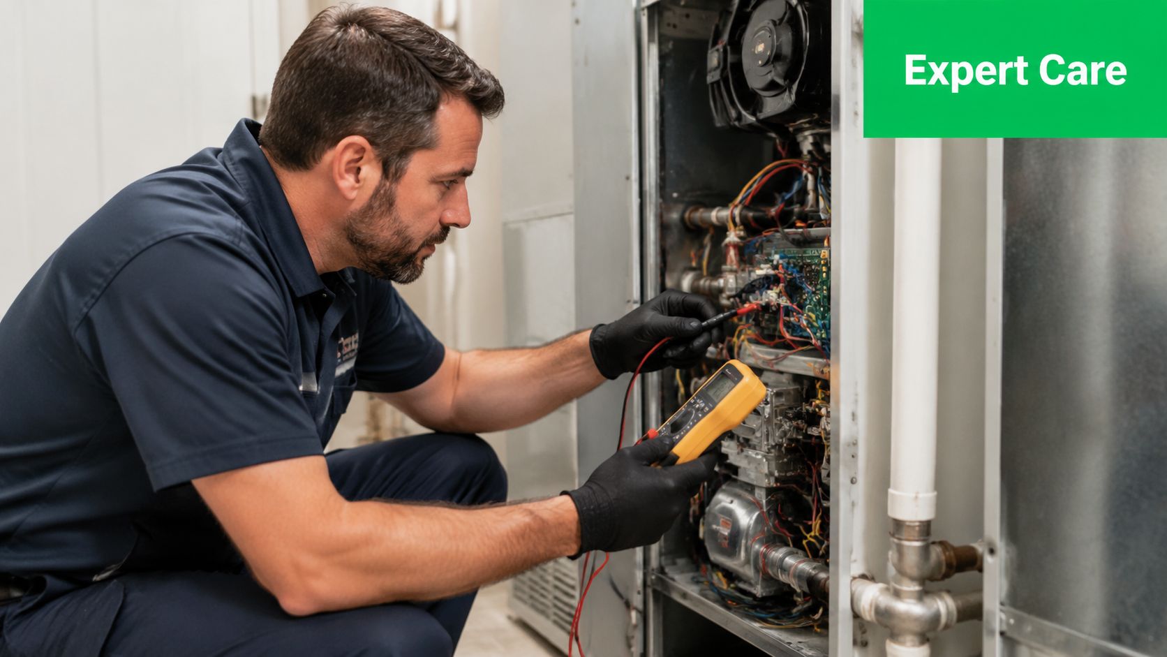 A professional technician performing expert maintenance and electrical testing on a residential furnace unit.