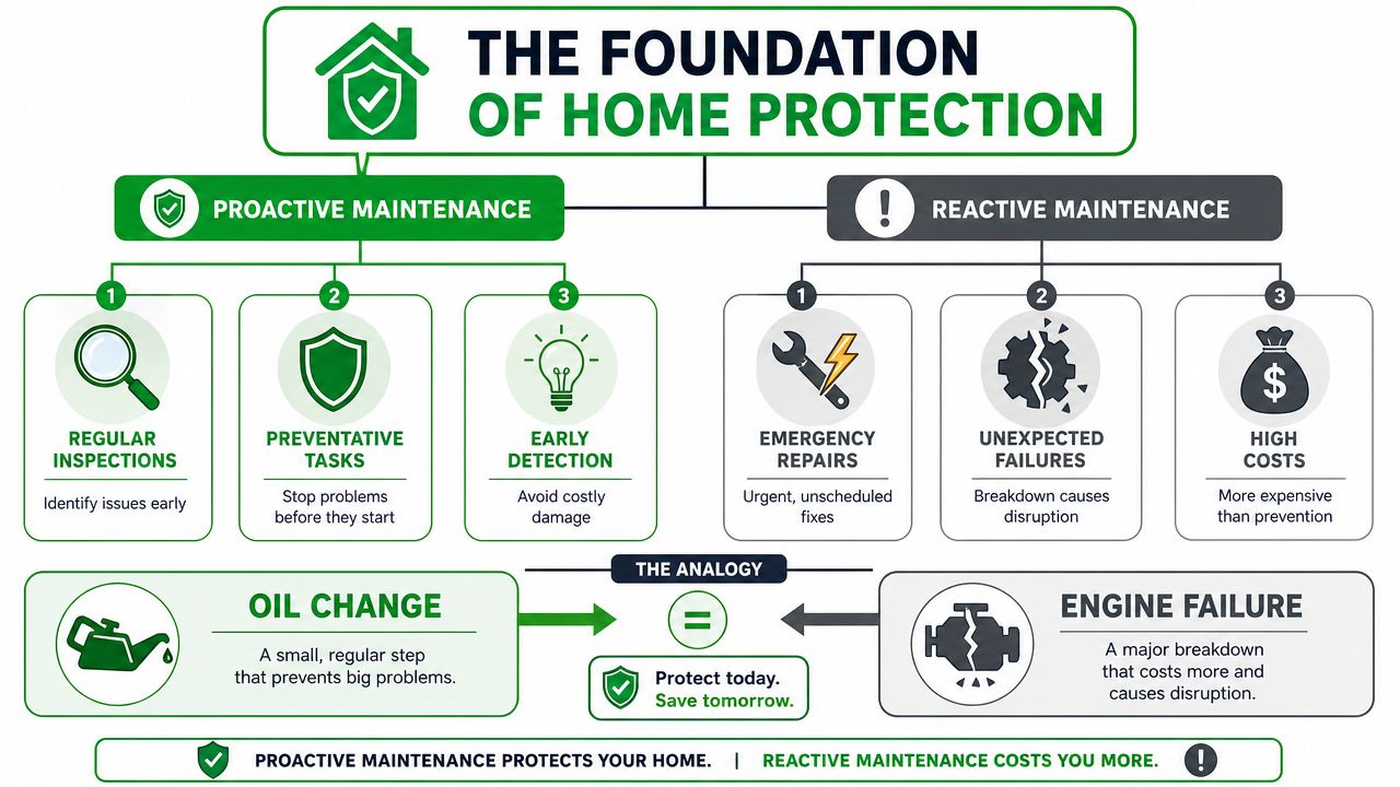 A comparison chart showing benefits of proactive versus reactive maintenance for home property protection and care.
