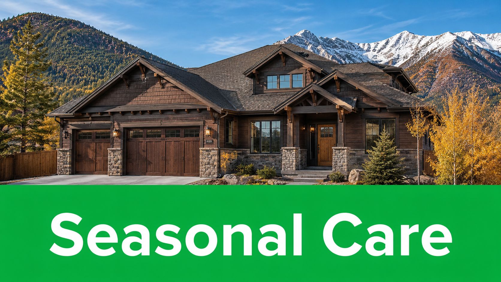 A luxurious mountain home featuring wooden siding and stone accents during a vibrant autumn season.