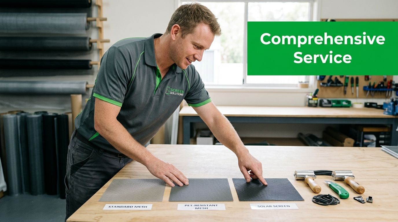 A professional technician pointing to different types of mesh samples for screen installation and repair services.