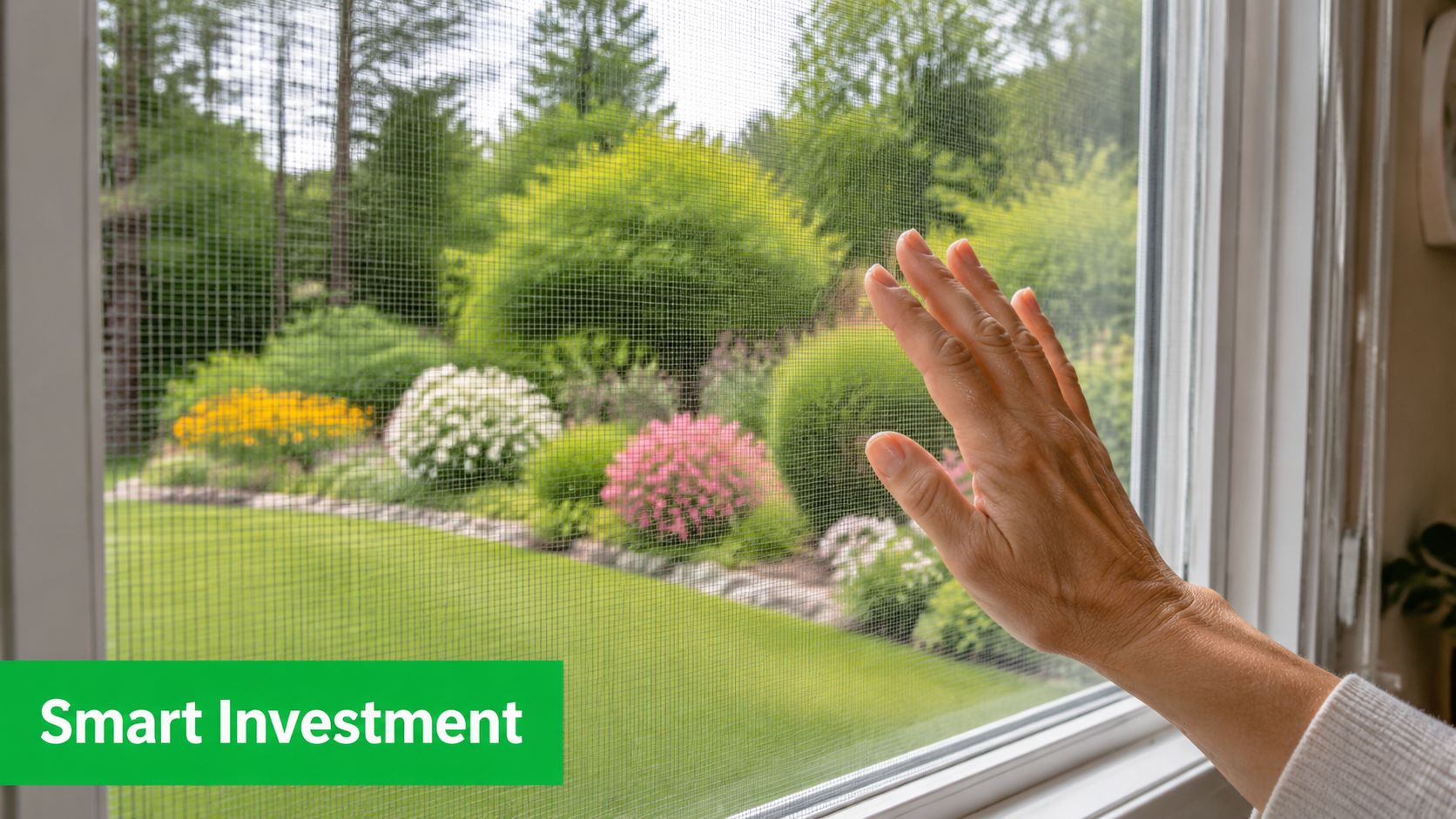 A person's hand touches a mesh window screen looking out at a colorful landscaped garden.