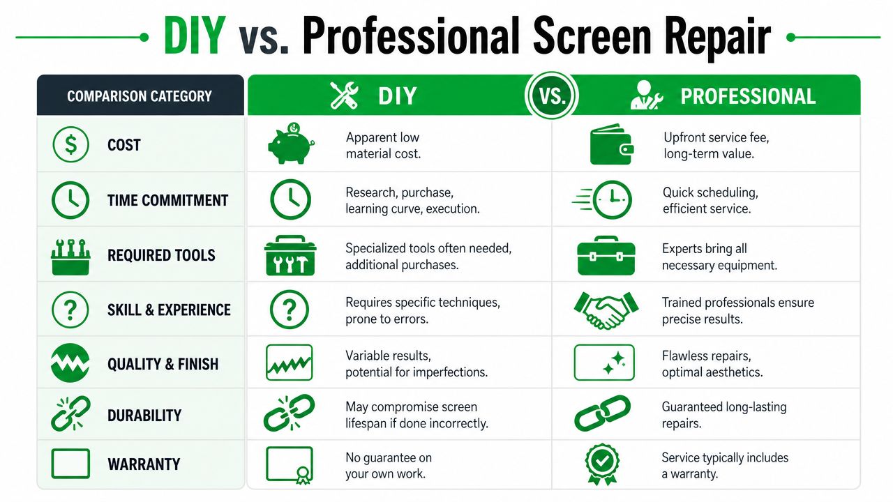 A comparison chart outlining the pros and cons of DIY versus professional screen repair services.