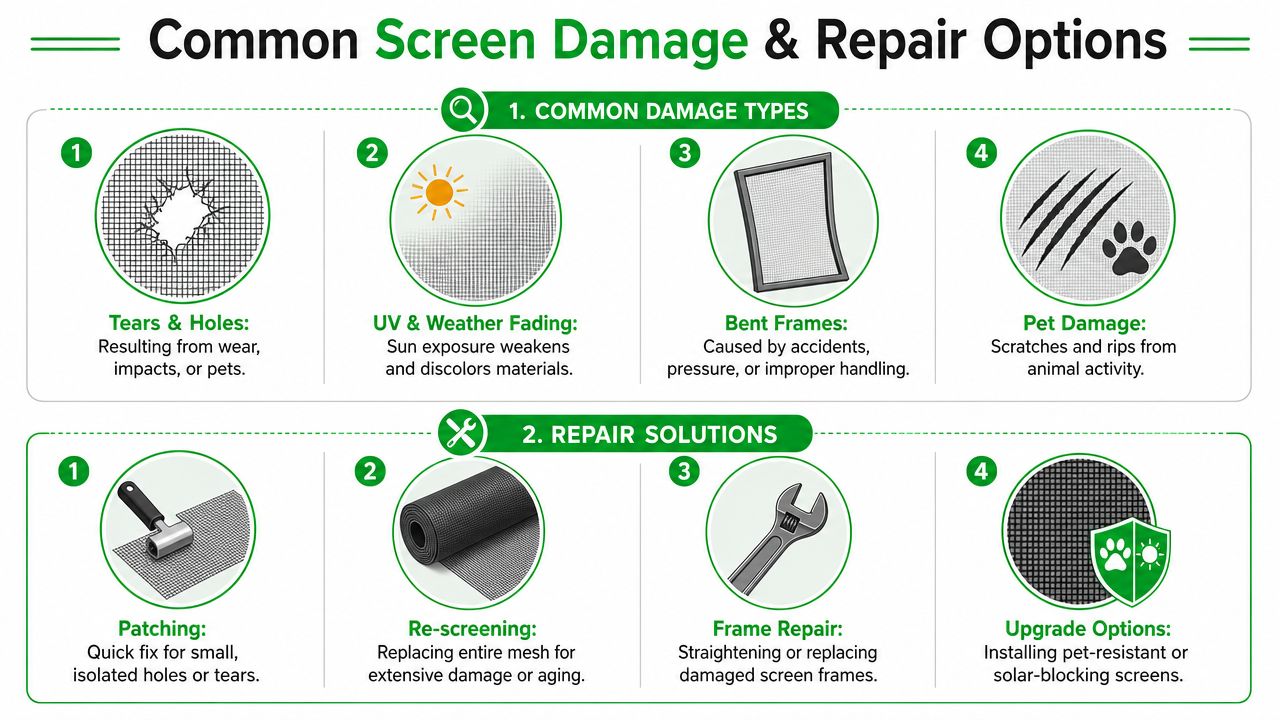 An infographic showing common window screen damage types like holes and bent frames alongside various repair solutions.