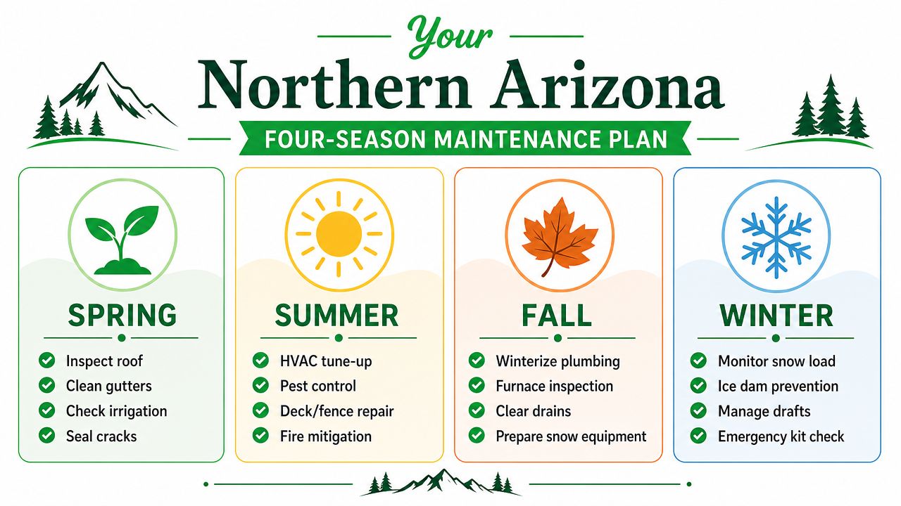 A four-season maintenance plan infographic for Northern Arizona homes listing tasks for spring, summer, fall, and winter.