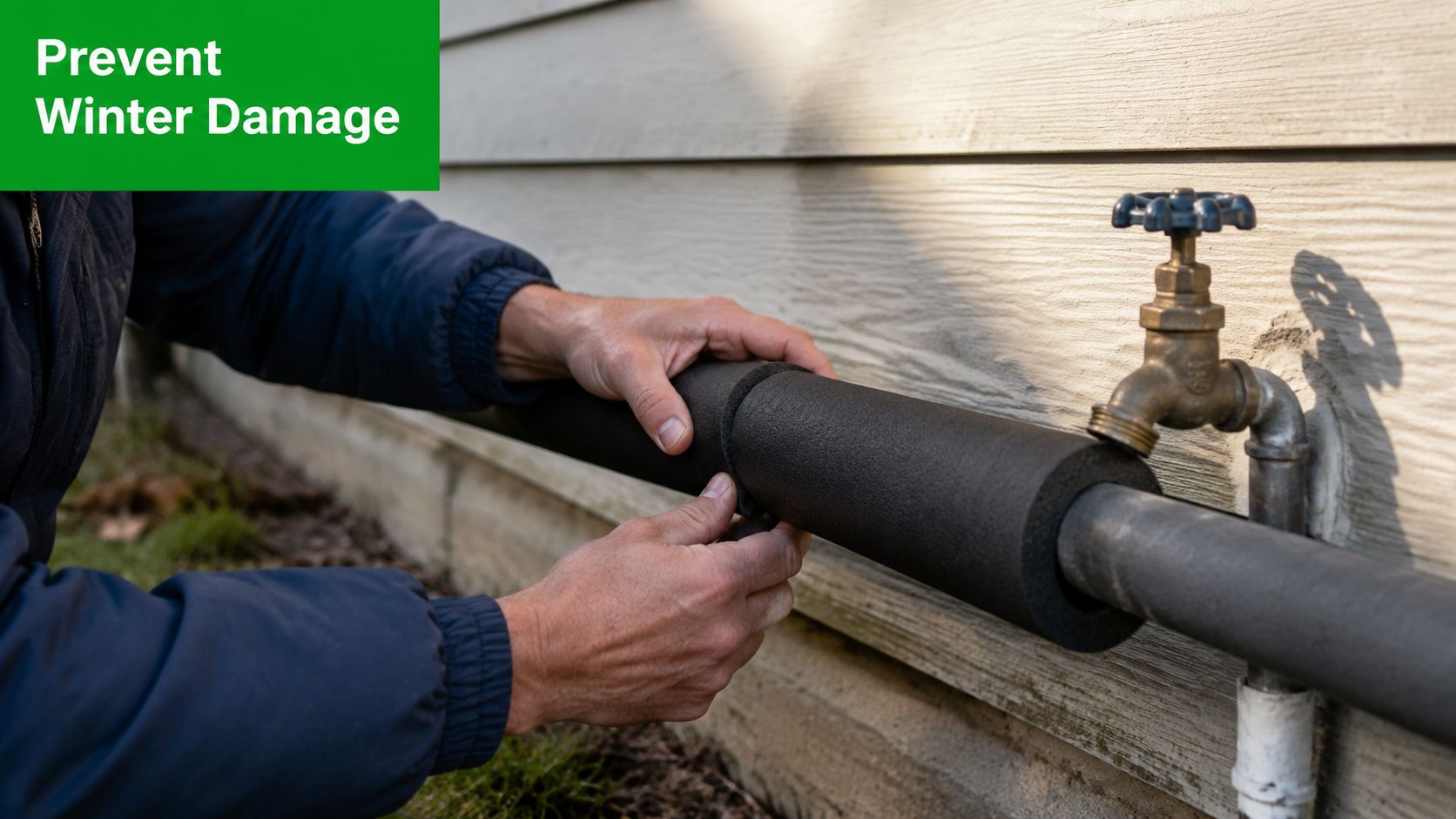 A person installing black foam pipe insulation on an outdoor water spigot to prevent freezing during winter.