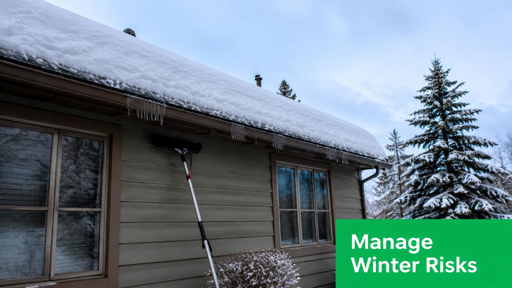 A house covered in snow with icicles hanging from the roof and a tool for snow removal.