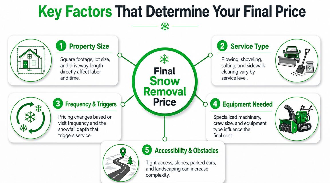 An infographic titled Key Factors That Determine Your Final Snow Removal Price, outlining five cost-influencing elements.