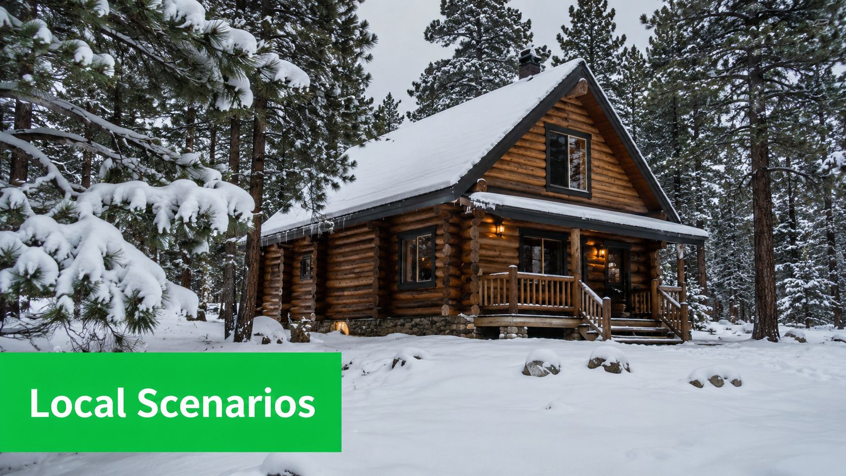 A rustic log cabin surrounded by pine trees covered in deep snow during a winter day.