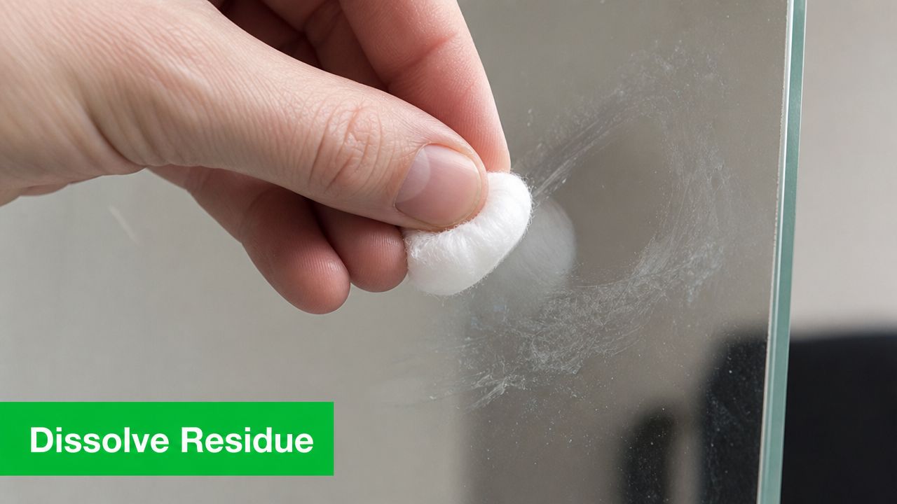 A hand using a cotton pad to clean and dissolve adhesive residue from a glass surface.