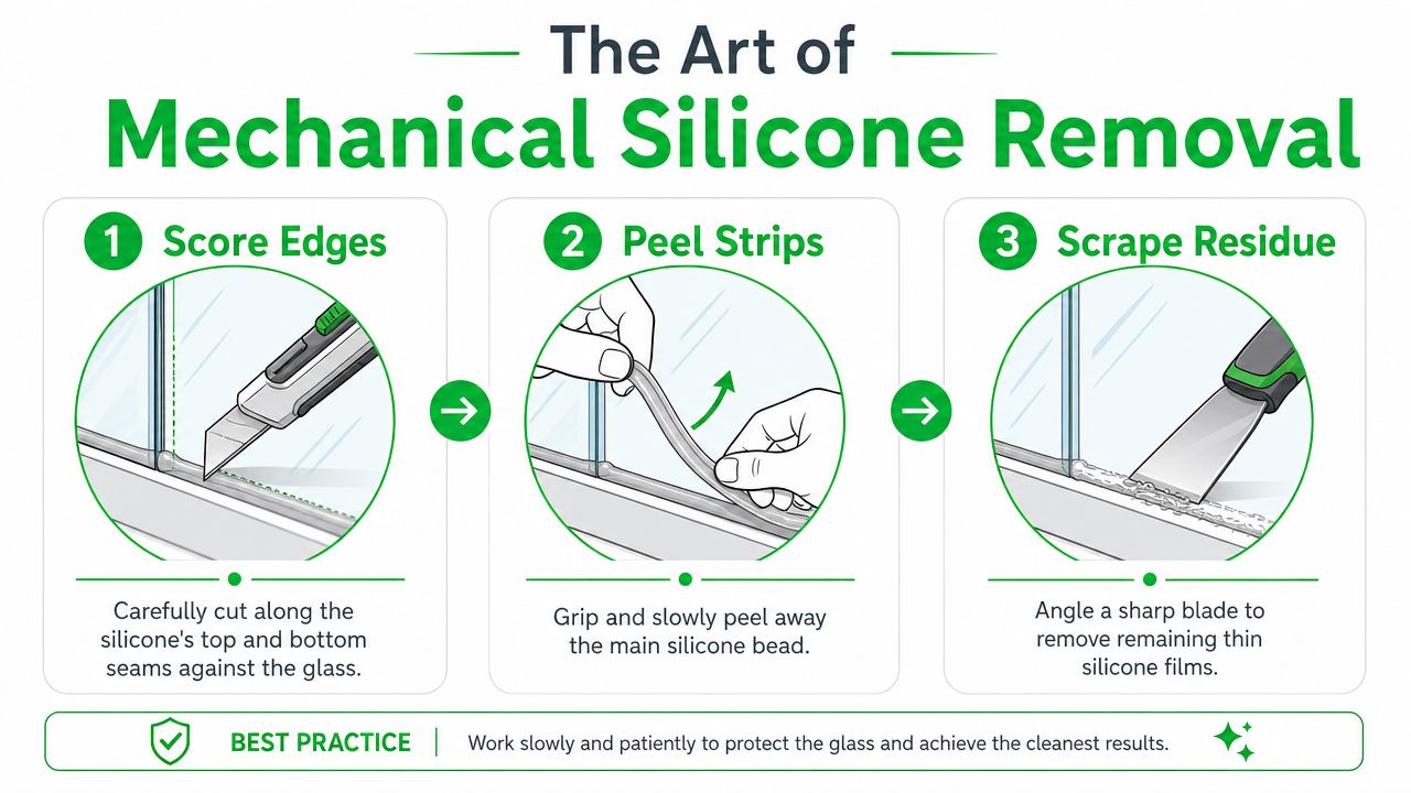 A three-step infographic showing how to safely remove old silicone sealant from glass surfaces using blades.