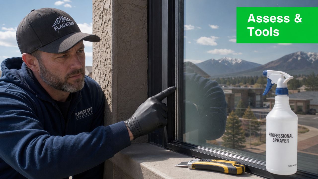 A professional technician wearing black gloves inspecting a window seal for potential silicone removal.