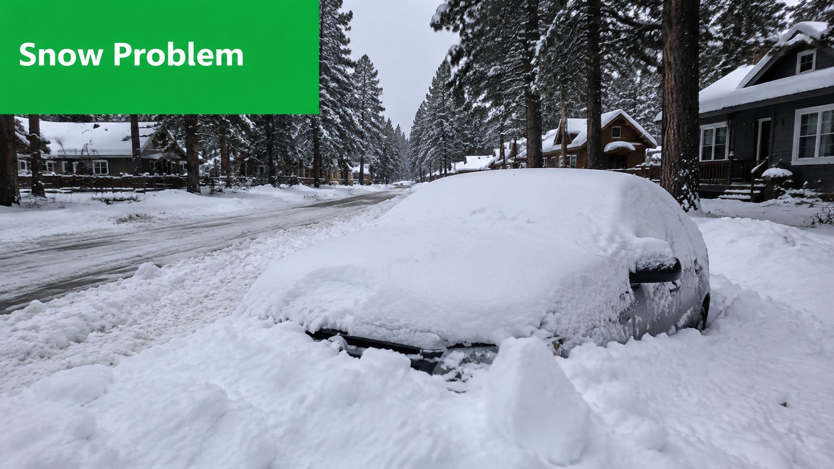A car completely covered in deep snow on a residential street during a winter snowstorm.