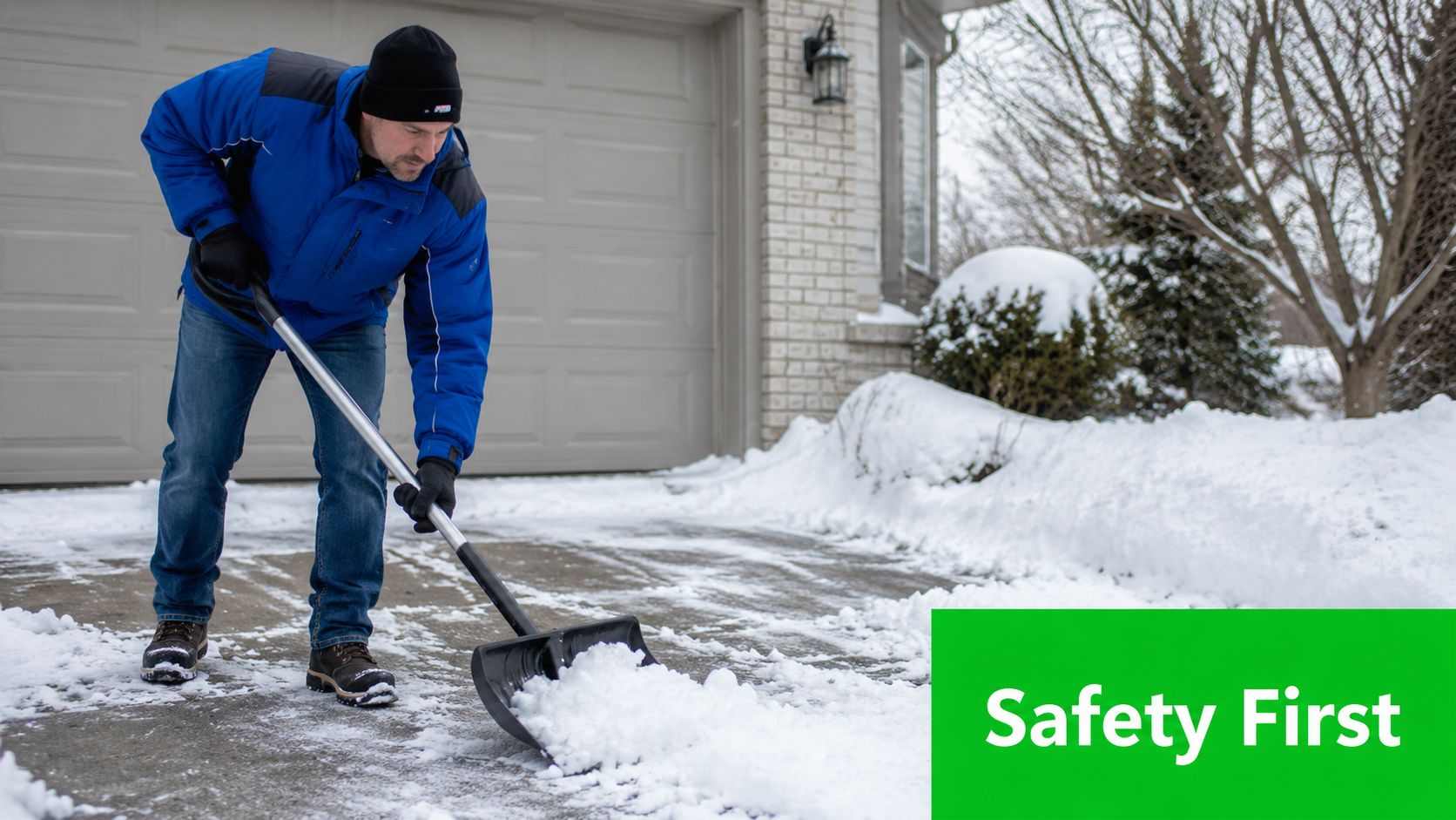 A man in a blue winter jacket shovels snow from a driveway in front of a house.