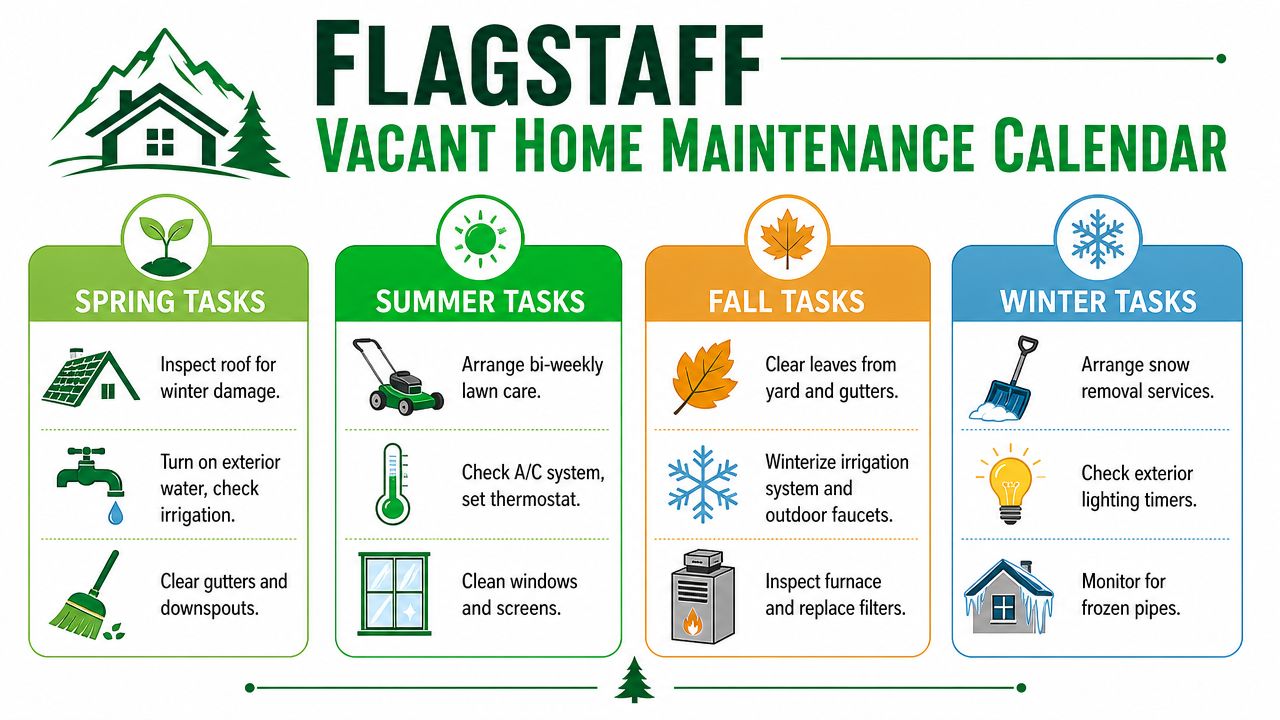 A seasonal checklist for maintaining a vacant home in Flagstaff across spring, summer, fall, and winter.